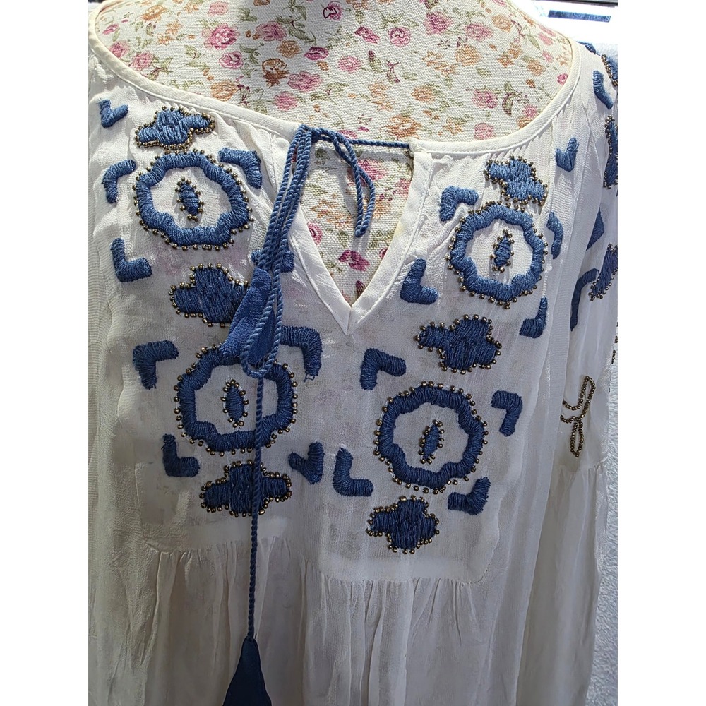 Boho Embroidered Beaded Bell Sleeve Tassel Peasant Blouse Romantic Cottagecore - Picture 5 of 9
